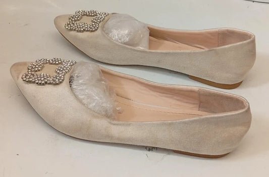 Cream Velvet Ballet Flats Pointed Toe Diamante Buckle Shoes Women EU 39 UK 6 Elegant Pumps