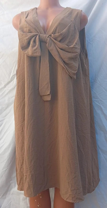 New Collection Beige Sleeveless Shift Dress with Bow Front – Loose Fit Boho Dress Size RAP 21
