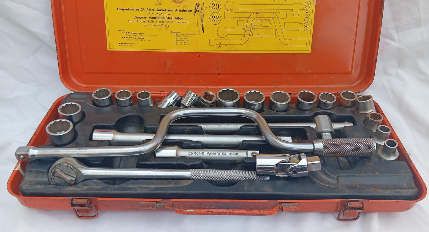 Tool Star 24 Piece Socket Set 1/2" Drive AF & MM Chrome Vanadium With Case