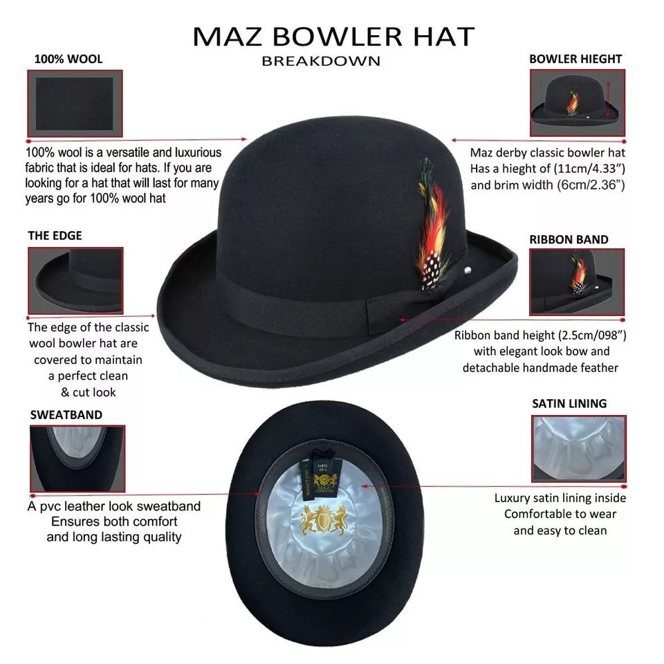 Classic Wool Bowler Hat -MAROON - Large: 59cm (7 1/2)