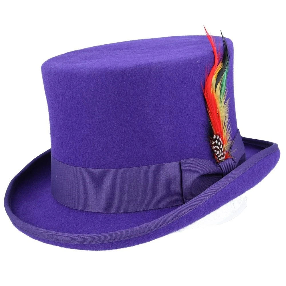 Maz Wool Felt Top Hat – Purple with Feather - Large 59cm (7 1/2)