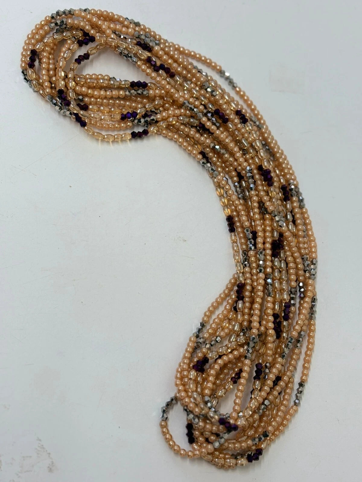 Handmade Waist Beads – Pearl Beige with Silver & Purple Accents