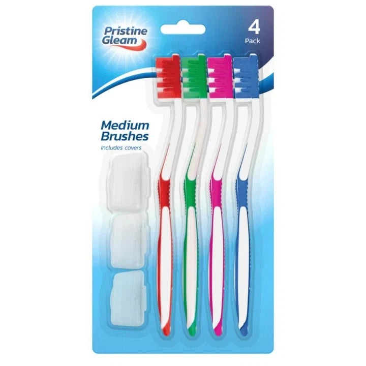 Pristine Gleam Medium Toothbrushes with 3 Covers 4 Pack