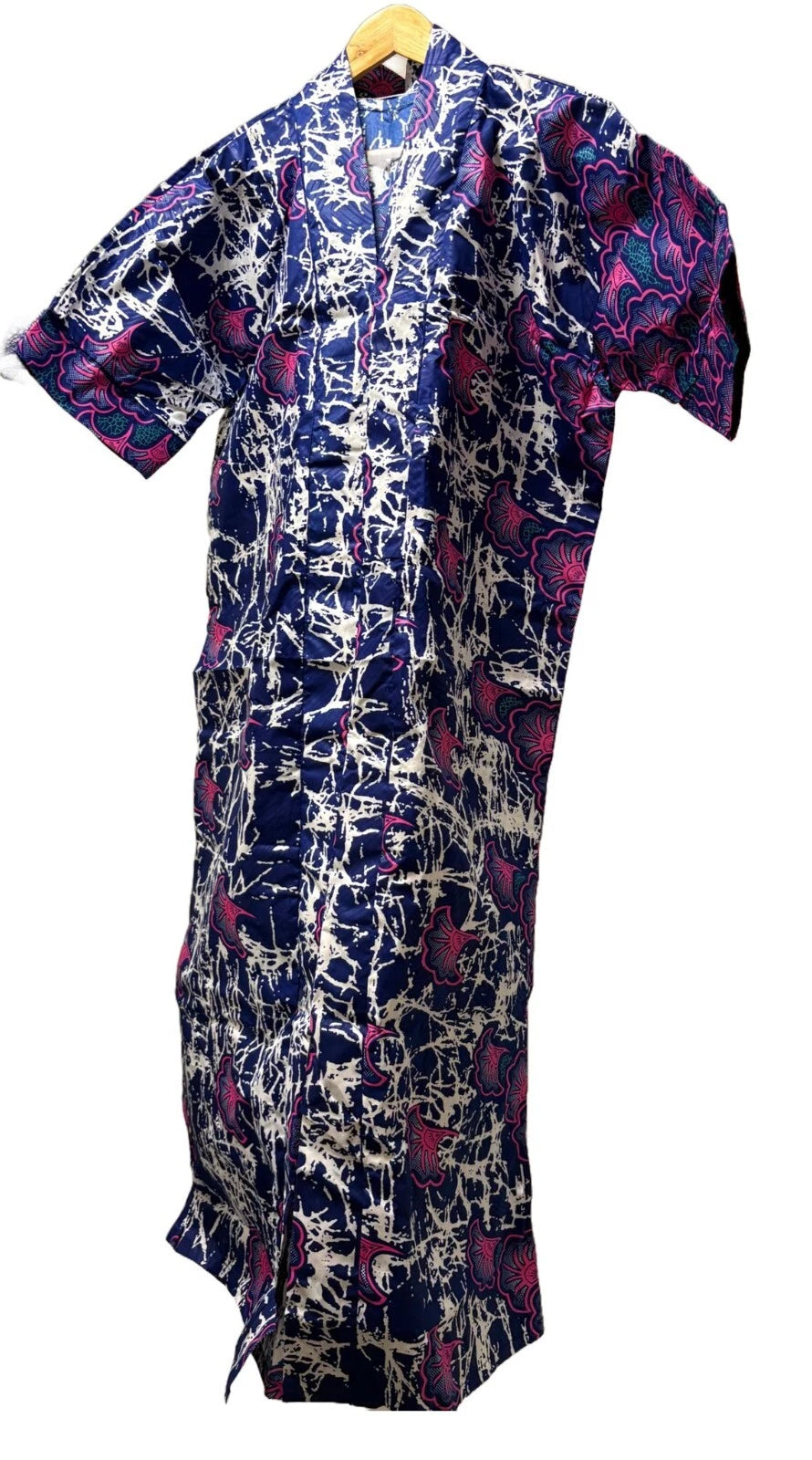 Elegant Bubu Gown – Blue & Pink Floral Batik | Kaftan Dress - UK Size: 20 | US Size: 16