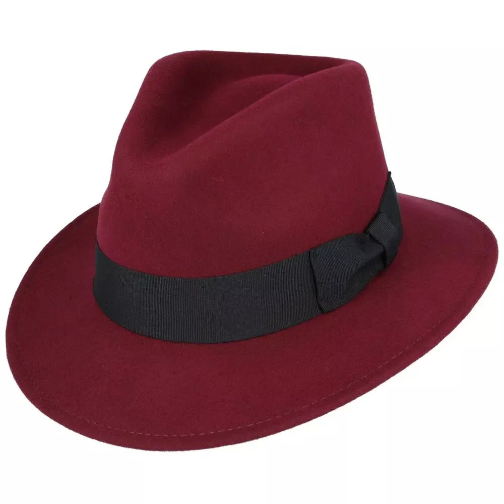 100% Wool Felt Crushable Fedora Hat - Wine Colour - Large: 59 cm (7 1/2)