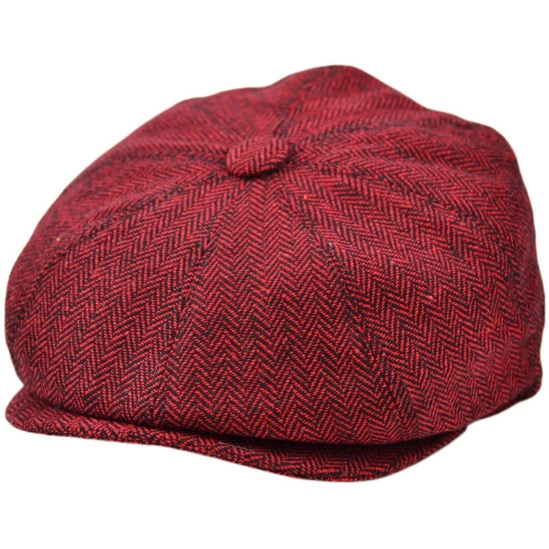 Vintage-Style Red Herringbone Newsboy Cap – Bold 8-Panel Flat Cap - Size 59cm
