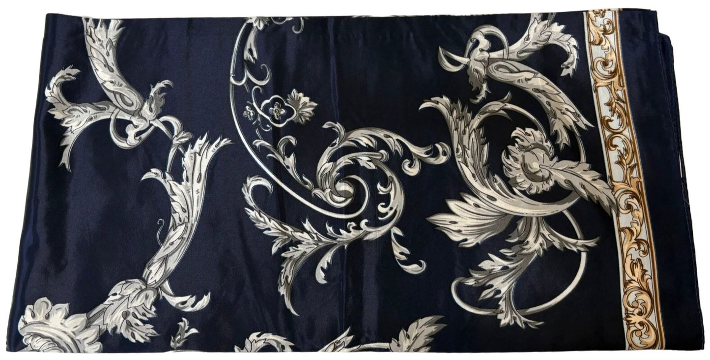 Luxury Baroque Pattern Satin Scarf – Black & Gold Design