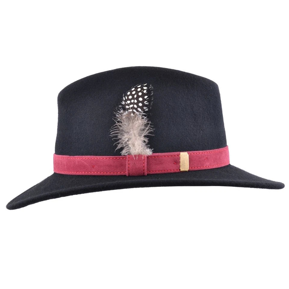 Crushable Wool Felt Fedora Hat Adorned with Feather Pin Black - Medium