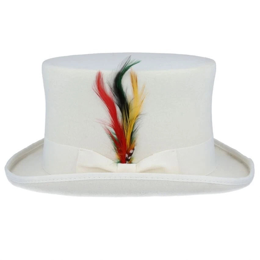 Wool Felt Top Hat – White with Removable Feather – Size: Large 59cm (7 1/2)