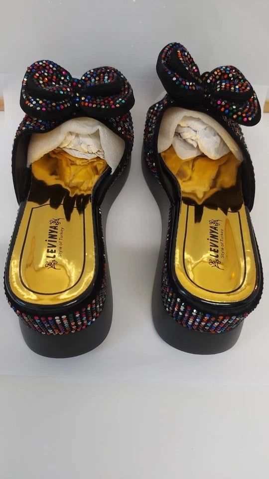 Levinya Women's Slide Sandals – Multicolour Gem Bow – UK 7.5 (EU Sizes 41)