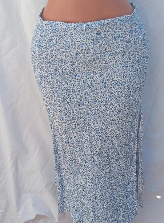 H&H Floral Midi Skirt Blue White Side Split Women’s UK 12
