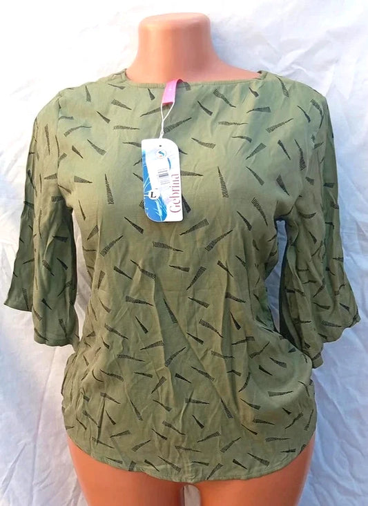 Gebrina Green Printed Short Sleeve Blouse Top L