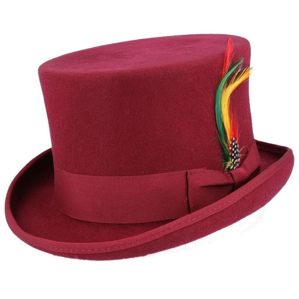Wool Felt Top Hat – Wine/Burgundy with Feather – Size: Large 59cm (7 1/2)
