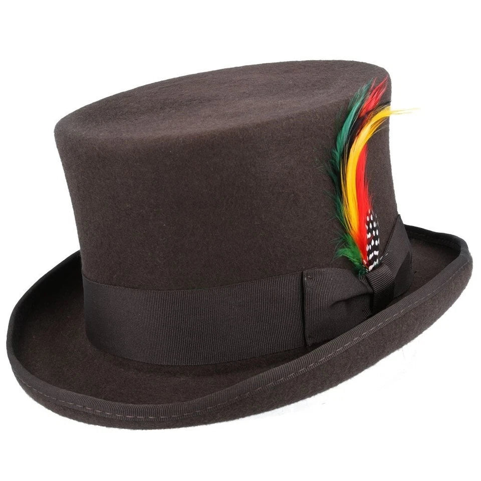 Wool Felt Top Hat – Brown with Feather – Size: Medium 58cm (7 1/8)