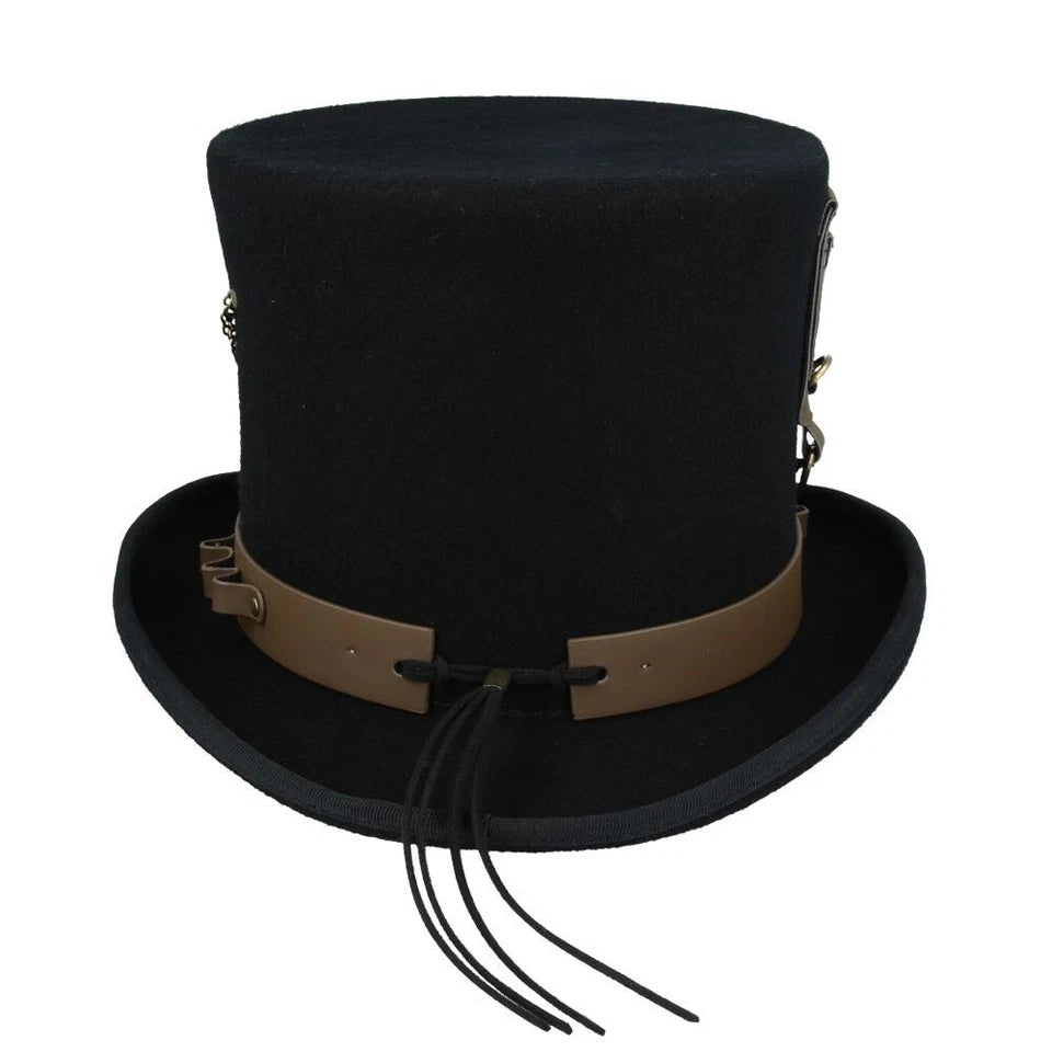 Steampunk Top Hat, Black with Brown Leather-Look Bands & Chains –59cm (7 1/2)