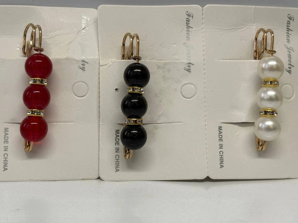 Elegant Pearl & Crystal Hijab Pins – Red, Black & White