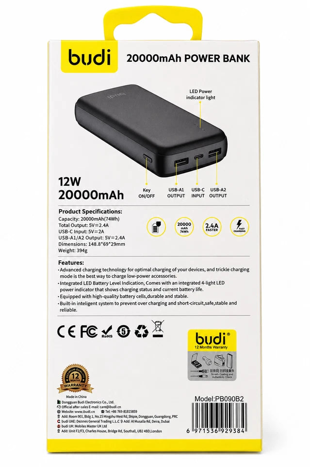 Budi 20000mAh Power Bank 12W 2.4A Fast Charging Dual USB-A USB-C