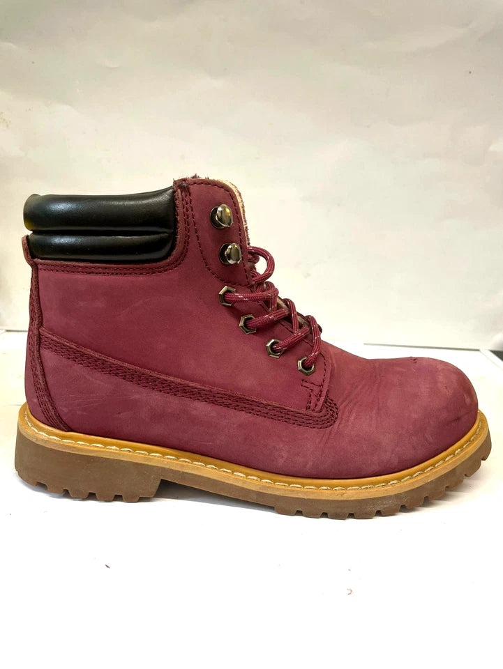 Women’s Maroon Lace-Up Ankle Boots UK 5 Leather Hiking Style Chunky Sole