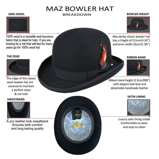 Classic Wool Bowler Hat - Black -Medium - 58cm