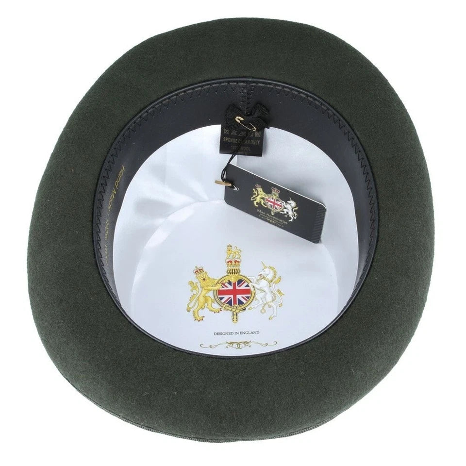 Wool Felt Top Hat – Olive Green with Feather – Size: Large 59cm (7 1/2)
