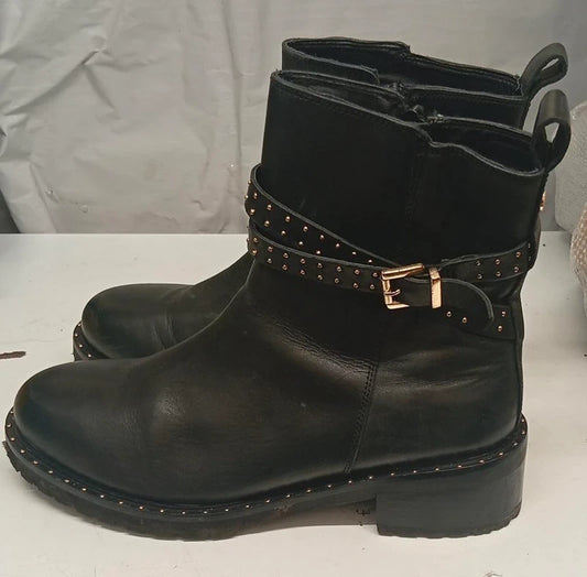 Black Studded Biker Ankle Boots UK 8 Womens Chunky Sole Buckle Strap Combat Style