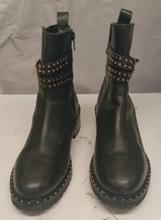 Black Studded Biker Ankle Boots UK 8 Womens Chunky Sole Buckle Strap Combat Style