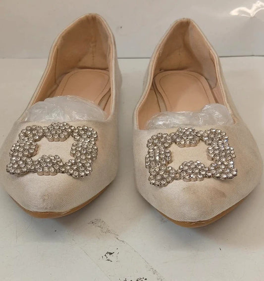 Cream Velvet Ballet Flats Pointed Toe Diamante Buckle Shoes Women EU 39 UK 6 Elegant Pumps