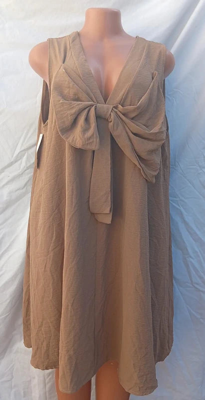 New Collection Beige Sleeveless Shift Dress with Bow Front – Loose Fit Boho Dress Size RAP 21