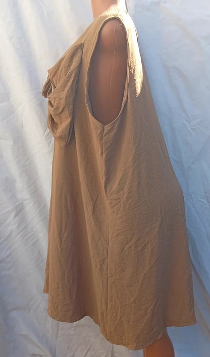 New Collection Beige Sleeveless Shift Dress with Bow Front – Loose Fit Boho Dress Size RAP 21