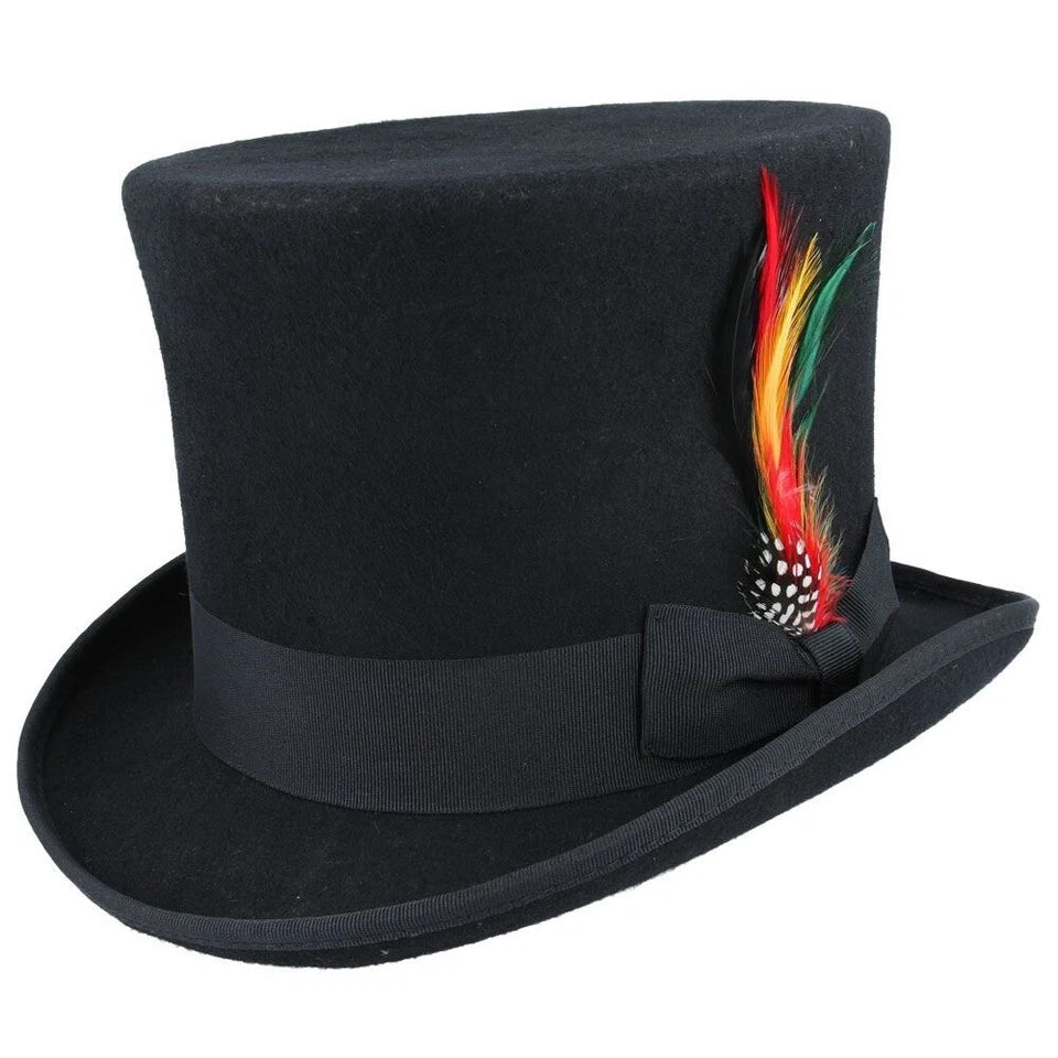 Men’s Traditional Black 100% Wool Felt Top Hat with Feather – Size: Large 59cm