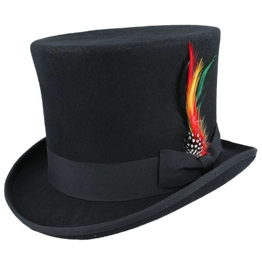 Men’s Traditional Black 100% Wool Felt Top Hat with Feather – Size: Large 59cm