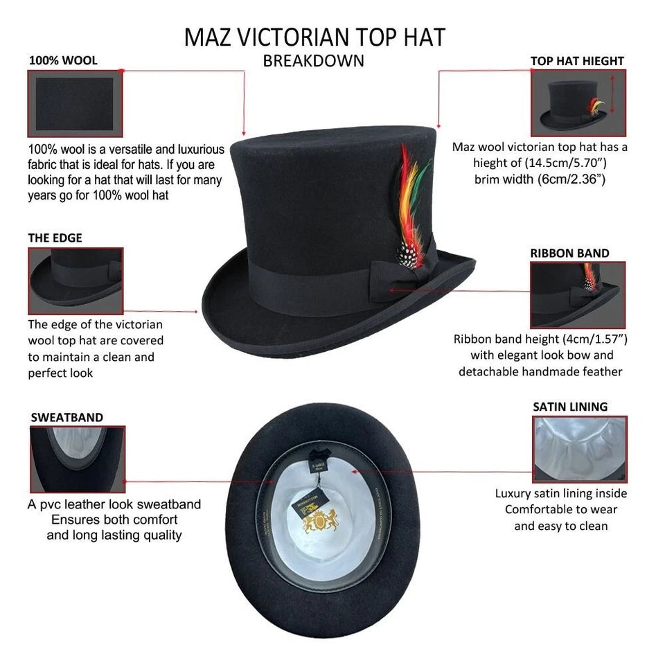 Men’s Traditional Black 100% Wool Felt Top Hat with Feather – Size: Large 59cm