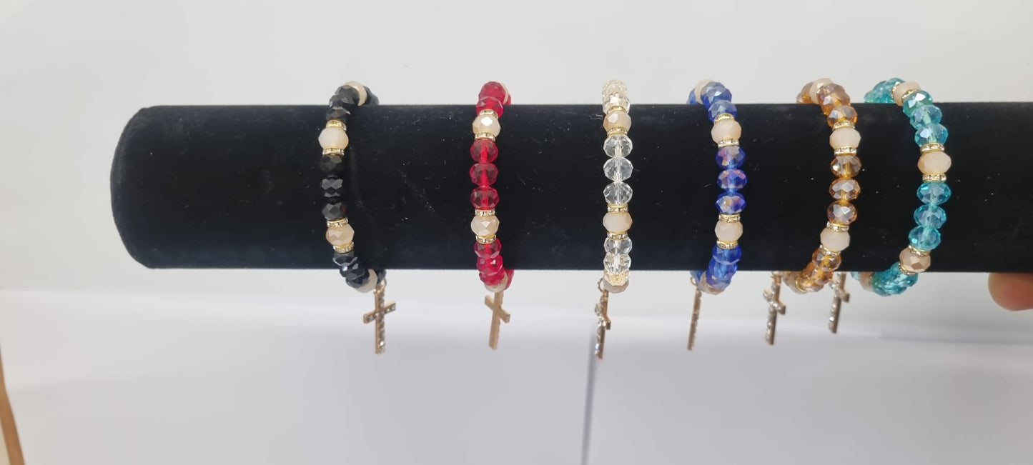 Beaded Crystal Bracelets with Cross Charm – 6 pieces