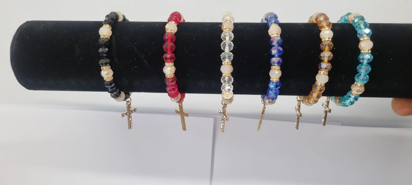 Beaded Crystal Bracelets with Cross Charm – 6 pieces