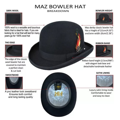 Classic Wool Bowler Hat -MAROON - Large: 59cm (7 1/2)