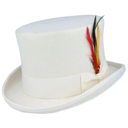 Maz Wool Felt Top Hat – White with Removable Feather – Size: Large 59cm (7 1/2)