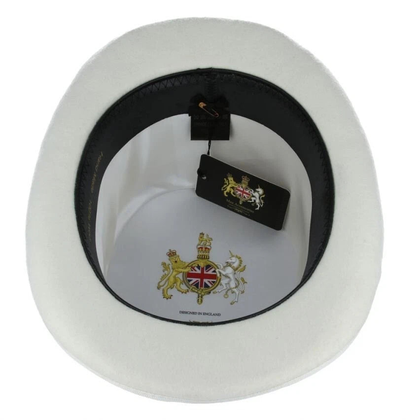 Maz Wool Felt Top Hat – White with Removable Feather – Size: Large 59cm (7 1/2)