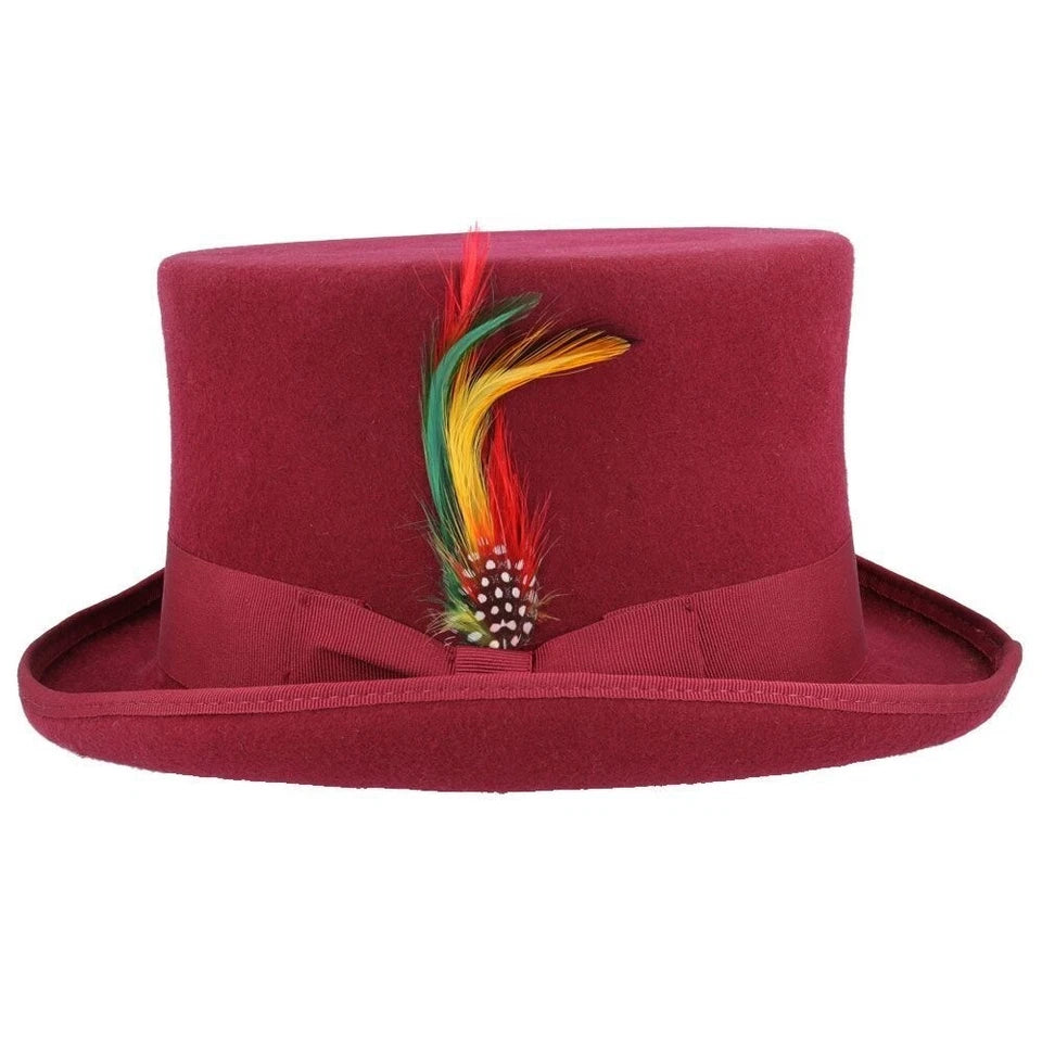 Maz Wool Felt Top Hat – Wine/Burgundy with Feather – Size: Large 59cm (7 1/2)