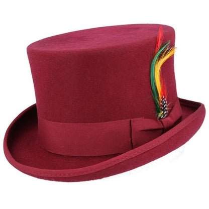 Maz Wool Felt Top Hat – Wine/Burgundy with Feather – Size: Large 59cm (7 1/2)