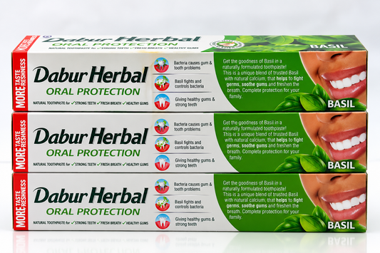 3x Dabur Herbal Toothpaste with Basil – 100% Natural Herbal Oral Care - 3 pieces