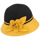 Two Tone Wool Cloche Hat With Flower at the side - Brown/Mustard - One Size