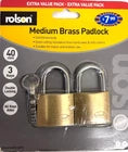 Rolson 40mm Medium Brass Padlock Twin Pack –Double Locking 3 Keys All Keys Alike