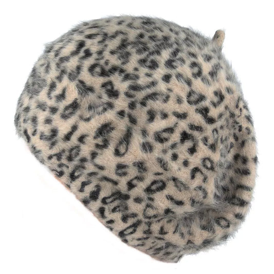 Ladies Angora Beret Hat - BROWN Leopard - One Size