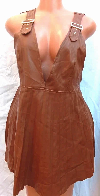 Brown Faux Leather Pleated Mini Dress with Buckle Straps Size L