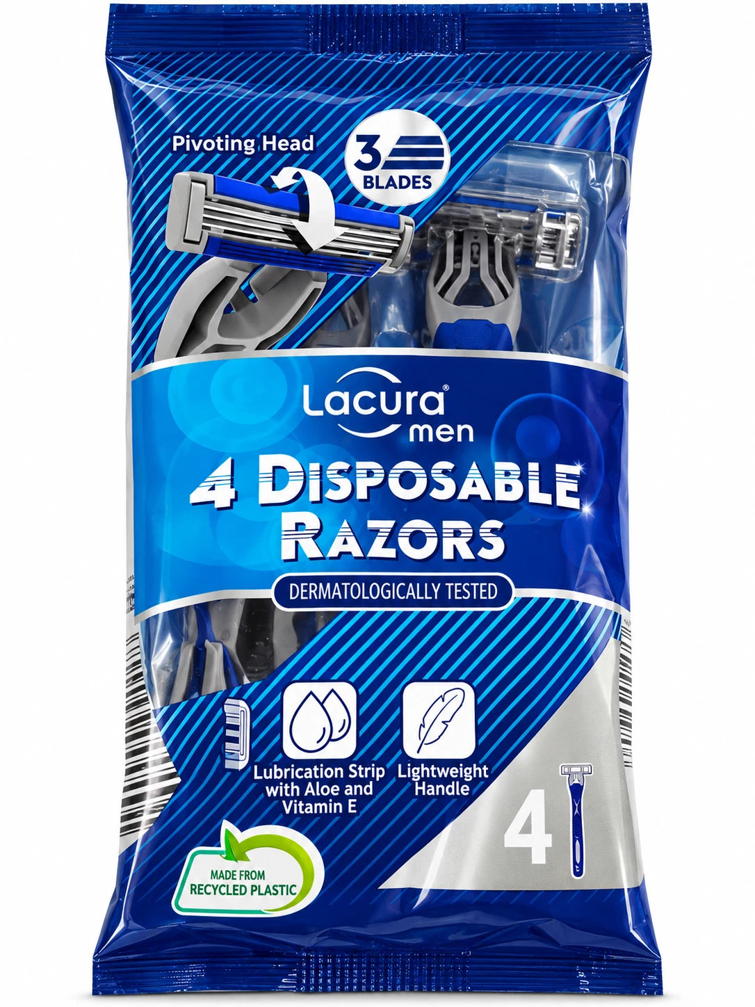 2 x Lacura Men 4 Disposable Razors Triple Blade Pivoting Head Aloe Vitamin E