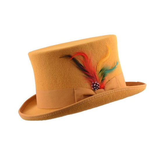 Wool Felt Top Hat – Mustard Yellow with Feather Size: Large 60cm (7 1/2)