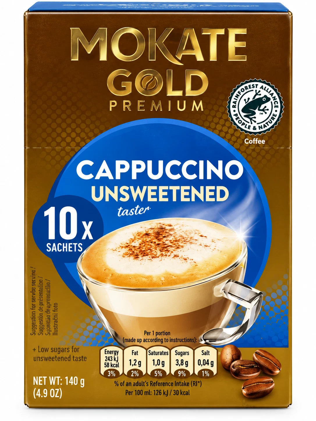 Mokate Gold Cappuccino Unsweetened Taste 10 Sachets Low Sugar 140g