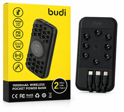 Budi 10000mAh 37wh Power Bank 22.5W Fast Charge Built-In Cables USB-C