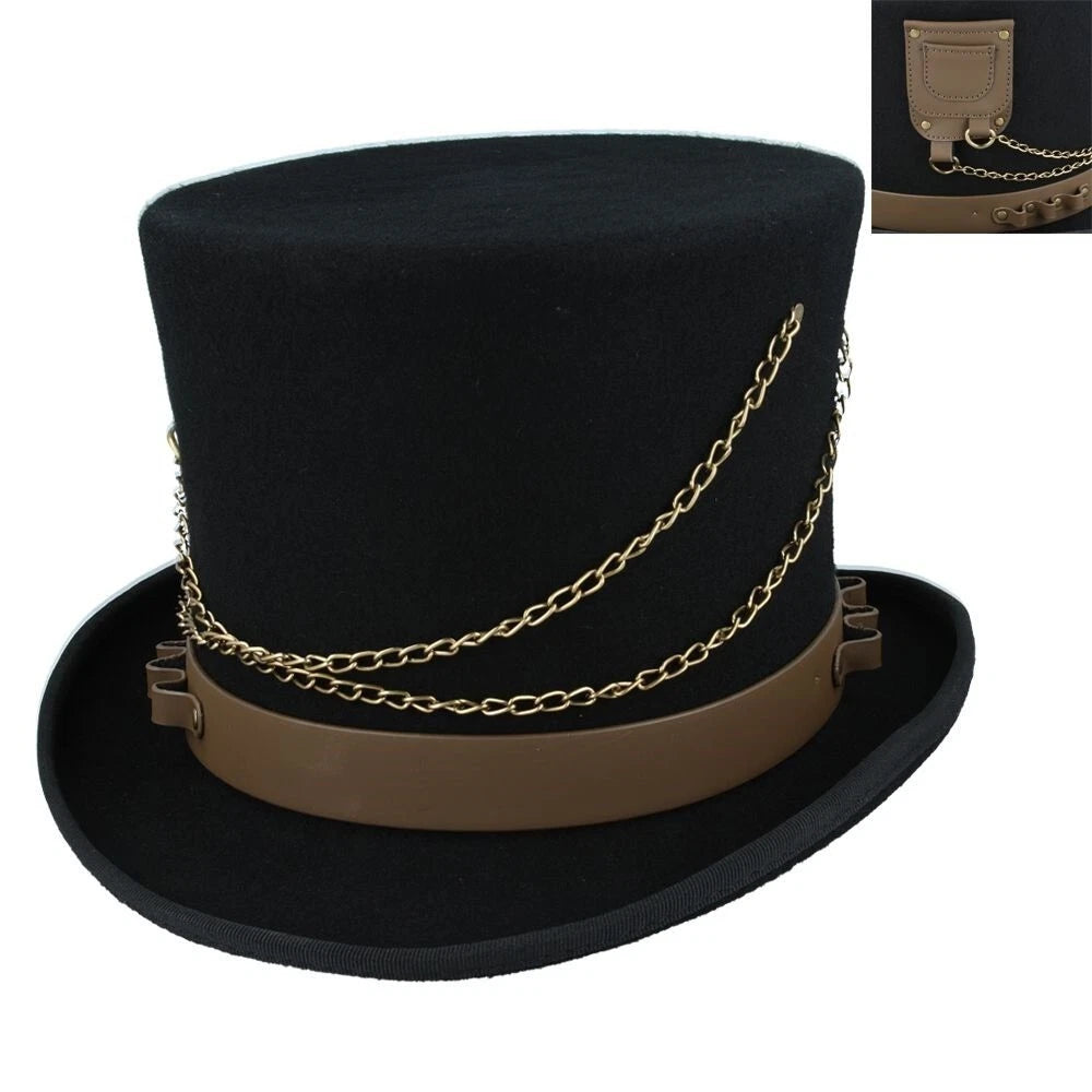 Steampunk Top Hat, Black with Brown Leather-Look Bands & Chains –59cm (7 1/2)