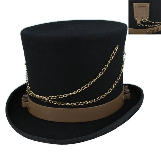 Steampunk Top Hat, Black with Brown Leather-Look Bands & Chains –59cm (7 1/2)